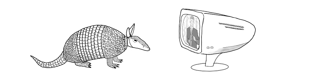 A black and white drawing of an armadillo
            watching a futuristic looking TV playing the famous video of Rick
            Astley, Never Gonna Give You Up